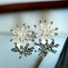 Vintage 1950s Starburst Faux Pearls Cluster Clip-On Earrings