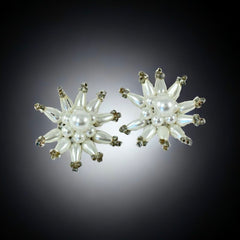 Vintage 1950s Starburst Faux Pearls Cluster Clip-On Earrings