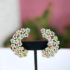 Vintage White Enamel Flowers Cluster and Pastel Rhinestones Earrings