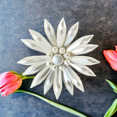 Vintage 1960s White Pearlized Faceted Plastic Statement Floral Brooch – Bold &amp; Beautiful!