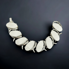 Vintage White Thermoset Plastic Ovals &amp; Silver Tone Modernist Link Bracelet | 1950s Bright Lucite Statement Jewelry | Retro Fashion Gift