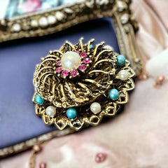 Vintage Fuchsia Rhinestones Faux Pearl Round Filigree Brooch | 1960s Turquoise and White Faux Pearl Jewelry | Gold Tone Filigree Brooch