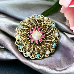 Vintage Fuchsia Rhinestones Faux Pearl Round Filigree Brooch | 1960s Turquoise and White Faux Pearl Jewelry | Gold Tone Filigree Brooch