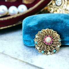 Vintage Fuchsia Rhinestones Faux Pearl Round Filigree Brooch | 1960s Turquoise and White Faux Pearl Jewelry | Gold Tone Filigree Brooch