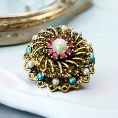 Vintage Fuchsia Rhinestones Faux Pearl Round Filigree Brooch | 1960s Turquoise and White Faux Pearl Jewelry | Gold Tone Filigree Brooch