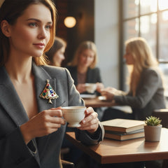 Vintage gold-tone Christmas tree brooch with multicolor rhinestones and scalloped edges, featuring a star at the top and textured detailing; back view shows pin clasp and trunk-shaped base, typical of 1980s–1990s holiday jewelry.