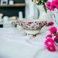 Vintage 1960s Yada Japan Genuine China Pink Roses Chintz Pattern Footed Teacup &amp; Saucer Set | Elegant Tea Party Set | Collectible Porcelain