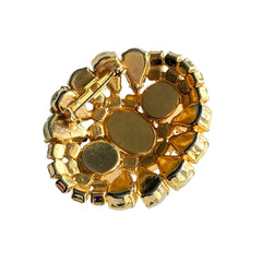 Vintage gold‑tone brooch with blue‑gray givre cabochon, yellow givre teardrops, confetti Lucite cabochons, and yellow chaton rhinestones.