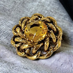 Vintage Light Citrine Rhinestone Small Round Scatter Brooch - Textured Gold Tone Elegance