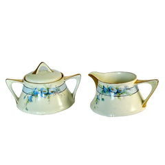 Antique Zeh Scherzer &amp; Co Bavaria Art Nouveau Blue Bindweed Flowers Porcelain Sugar and Creamer Set