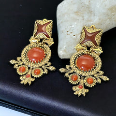 Vintage Zoe Costes Faux Carnelian and Rhinestones Dangles Clip-on Earrings | 1980s French Designer Statement Earrings | Gold Tone Jewelry