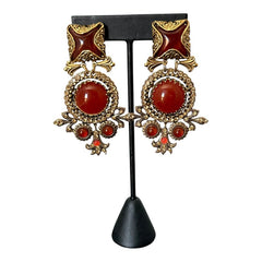 Vintage Zoe Costes Faux Carnelian and Rhinestones Dangles Clip-on Earrings | 1980s French Designer Statement Earrings | Gold Tone Jewelry