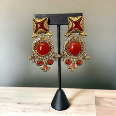 Vintage Zoe Costes Faux Carnelian and Rhinestones Dangles Clip-on Earrings | 1980s French Designer Statement Earrings | Gold Tone Jewelry