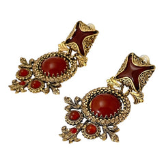 Vintage Zoe Costes Faux Carnelian and Rhinestones Dangles Clip-on Earrings | 1980s French Designer Statement Earrings | Gold Tone Jewelry