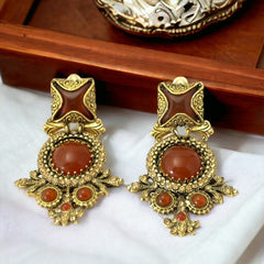 Vintage Zoe Costes Faux Carnelian and Rhinestones Dangles Clip-on Earrings | 1980s French Designer Statement Earrings | Gold Tone Jewelry