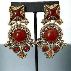 Vintage Zoe Costes Faux Carnelian and Rhinestones Dangles Clip-on Earrings | 1980s French Designer Statement Earrings | Gold Tone Jewelry