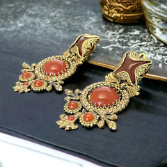 Vintage Zoe Costes Faux Carnelian and Rhinestones Dangles Clip-on Earrings | 1980s French Designer Statement Earrings | Gold Tone Jewelry