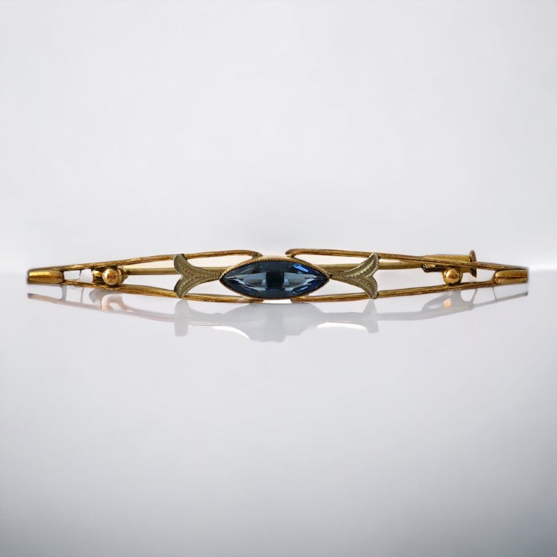 Vintage French Art Deco Blue Marquise Rhinestone Bar Brooch – 1920s/1930s Gold-Plated Elegance