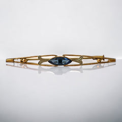 Vintage French Art Deco Blue Marquise Rhinestone Bar Brooch – 1920s/1930s Gold-Plated Elegance