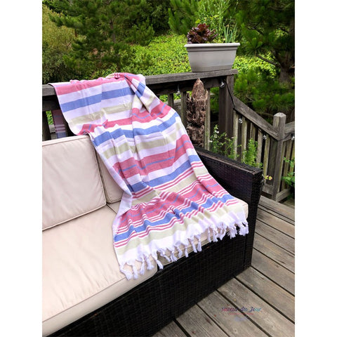 Fouta Towel - Blue/Red/Green Stripes -Coton Blanc