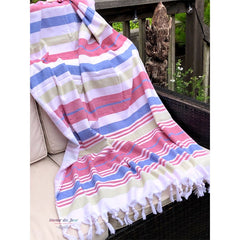 Fouta Towel - Blue/Red/Green Stripes -Coton Blanc