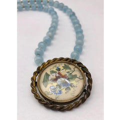 Vintage French Floral Watercolor Painting Brooch & Aquamarine Necklace