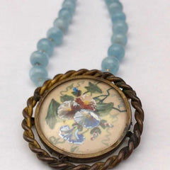 Vintage French Floral Watercolor Painting Brooch & Aquamarine Necklace