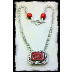 Vintage Cinnabar Brooch & Silver Chain Necklace