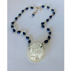 Vintage French Carved Lucite Brooch & Blue Freshwater Pearls Necklace