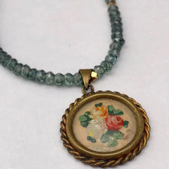 BOUQUET de ROSES - Vintage French Hand Painted Pendant & Green Amethyst Necklace