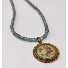 BOUQUET de ROSES - Vintage French Hand Painted Pendant & Green Amethyst Necklace