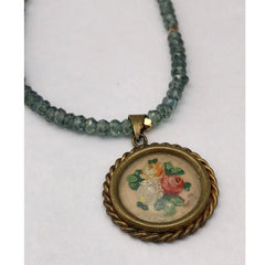 BOUQUET de ROSES - Vintage French Hand Painted Pendant & Green Amethyst Necklace