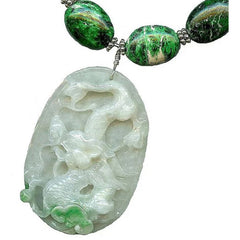 Vintage Carved Moss-in-Snow Jade Dragon Pendant & Maw Sit Sit Necklace