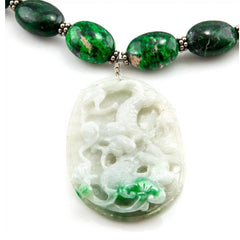 Vintage Carved Moss-in-Snow Jade Dragon Pendant & Maw Sit Sit Necklace