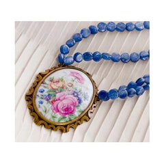 Vintage Limoges Floral Pendant & Blue Kyanite Necklace