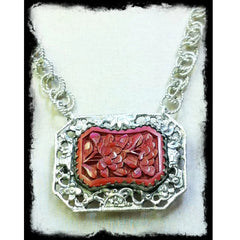 Vintage Cinnabar Brooch & Silver Chain Necklace