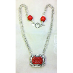 Vintage Cinnabar Brooch & Silver Chain Necklace