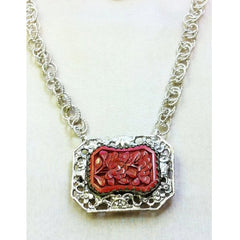 Vintage Cinnabar Brooch & Silver Chain Necklace