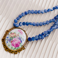 Vintage Limoges Floral Pendant & Blue Kyanite Necklace