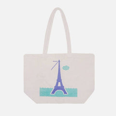 French Large Cotton Canvas Tote Bag - The Seine in Paris - Blue